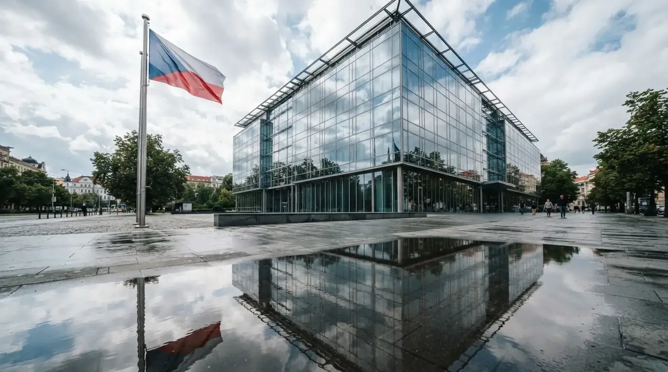 Moderní skleněná budova úřadu s vlajkou na stožáru se odráží v kaluži na chodníku.